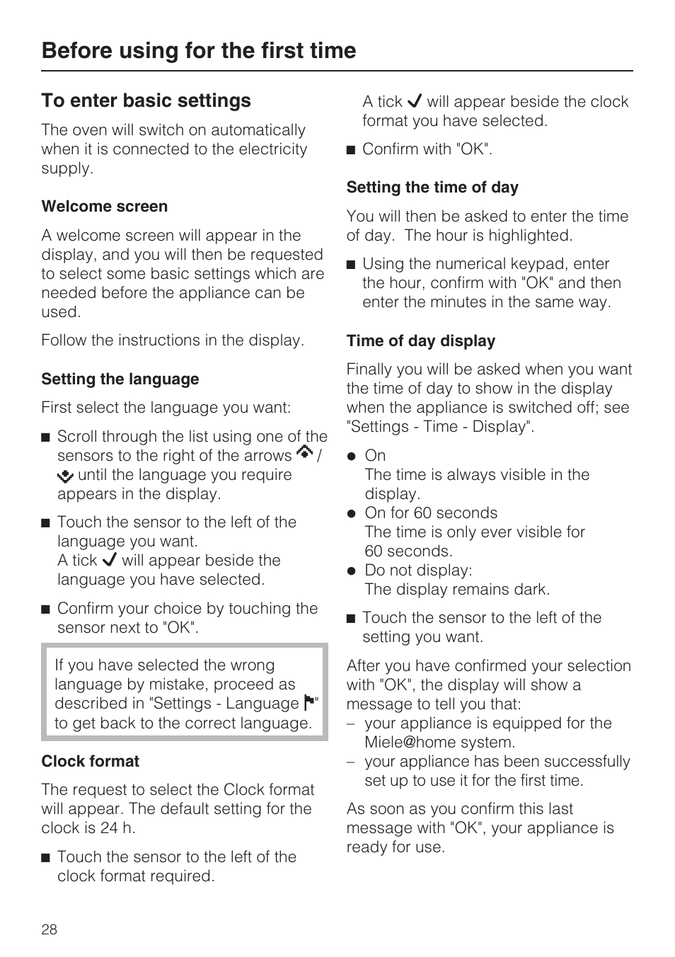 Before using for the first time 28, To enter basic settings 28, Before using for the first time | Miele H 5688 BP EN User Manual | Page 28 / 84