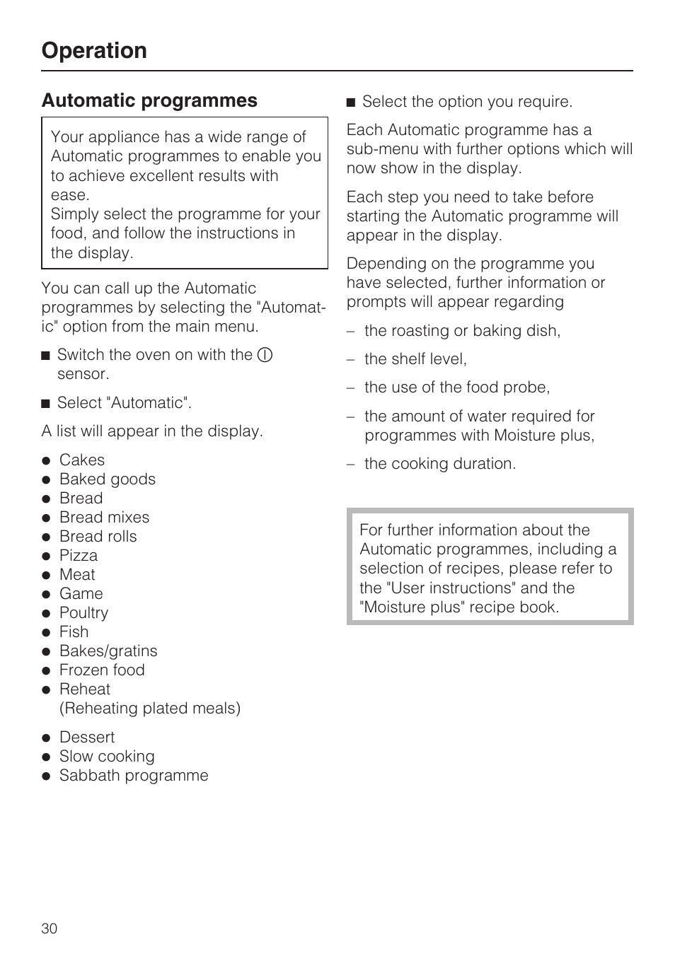 Operation 30, Automatic programmes 30, Operation | Automatic programmes | Miele H 5688 BP EN User Manual | Page 30 / 84