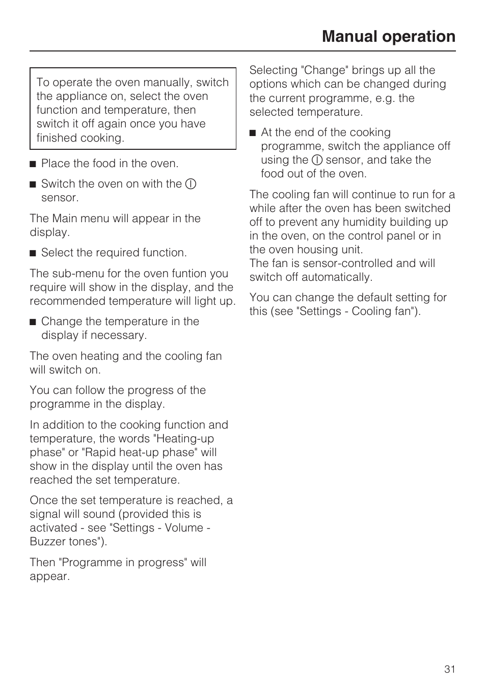 Manual operation 31, Manual operation | Miele H 5688 BP EN User Manual | Page 31 / 84