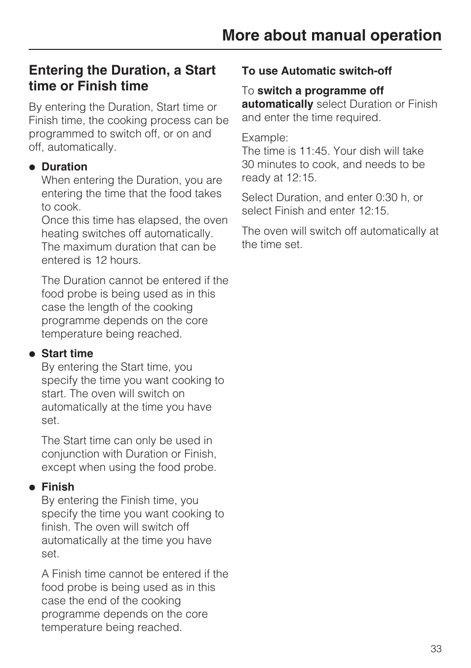 To use automatic switch-off 33, More about manual operation, Entering the duration, a start time or finish time | Miele H 5688 BP EN User Manual | Page 33 / 84