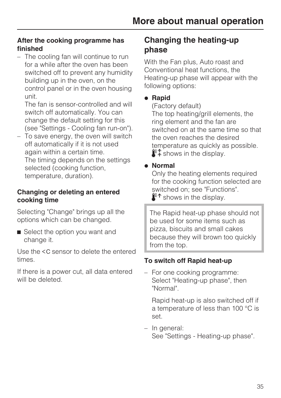 Changing or deleting an entered cooking time 35, Changing the heating-up phase 35, More about manual operation | Changing the heating-up phase | Miele H 5688 BP EN User Manual | Page 35 / 84