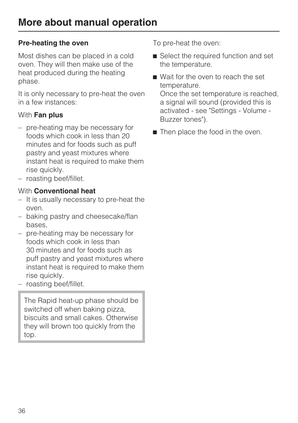 Pre-heating the oven 36, More about manual operation | Miele H 5688 BP EN User Manual | Page 36 / 84