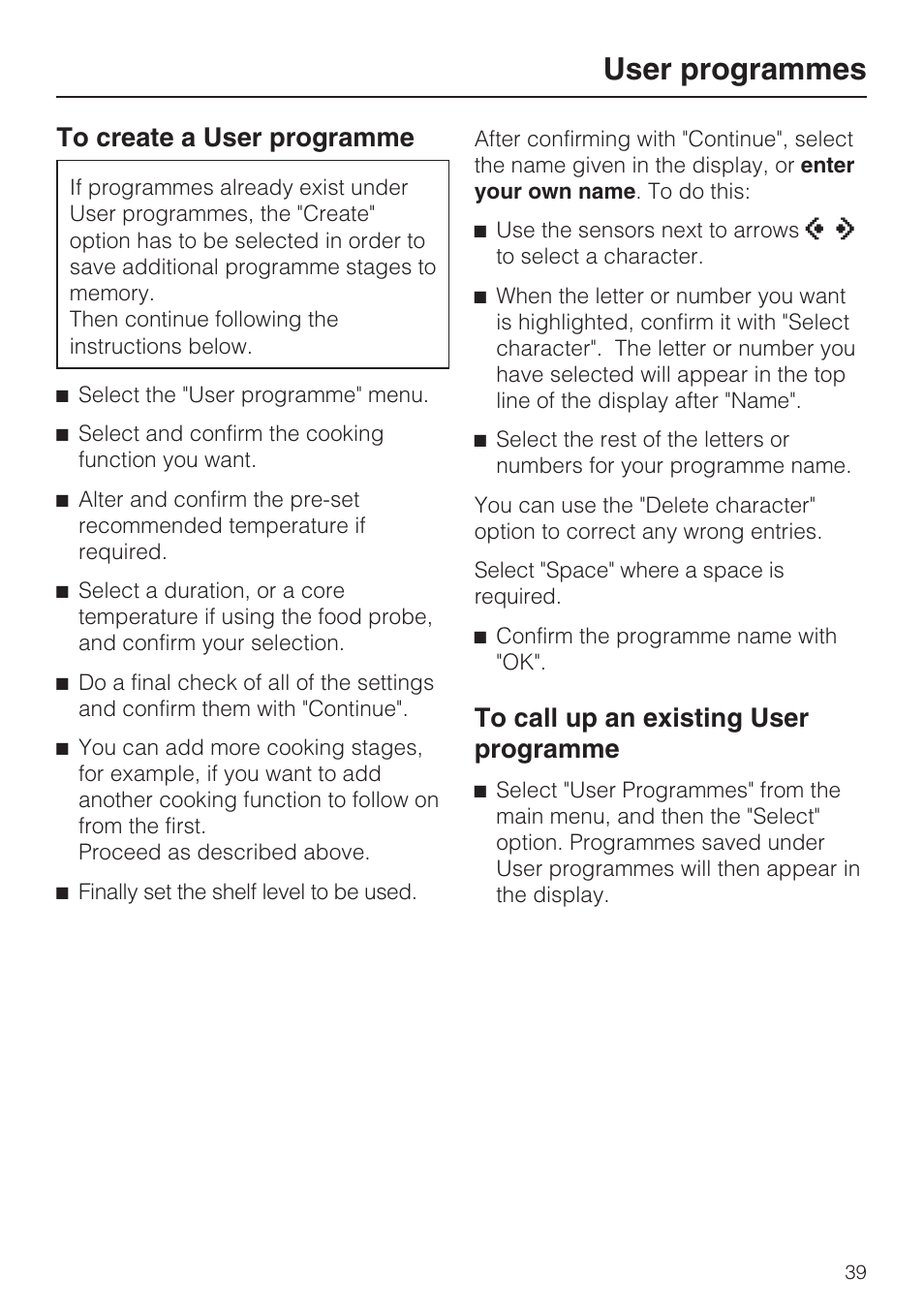 To create a user programme 39, To call up an existing user programme 39, User programmes | Miele H 5688 BP EN User Manual | Page 39 / 84