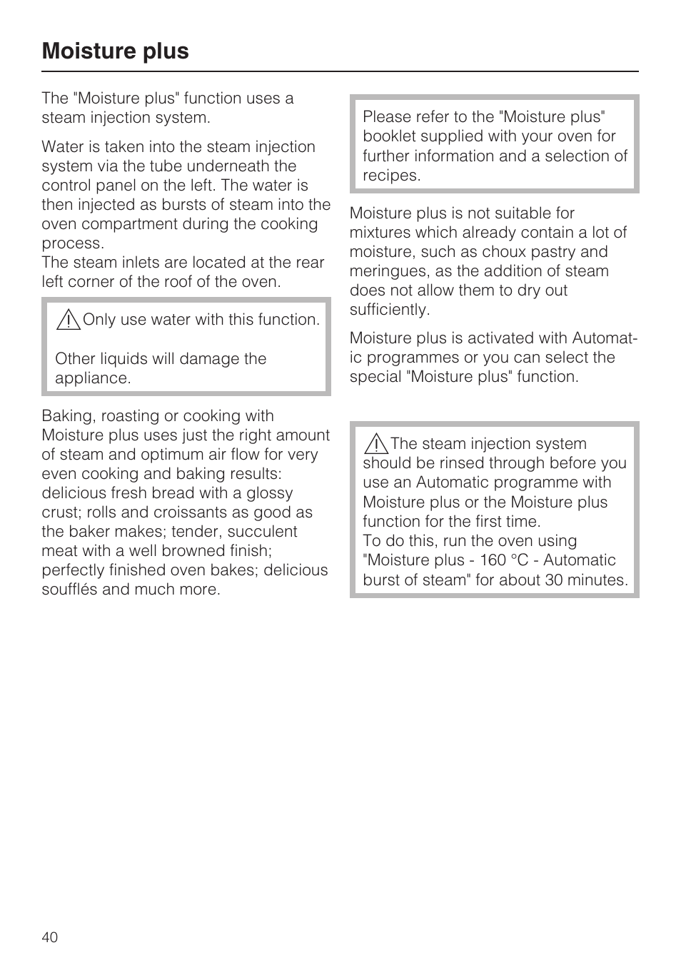 Moisture plus 40, Moisture plus | Miele H 5688 BP EN User Manual | Page 40 / 84