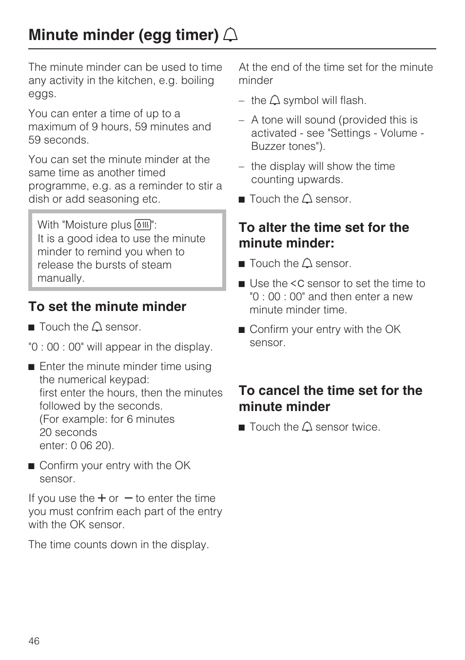 Minute minder (egg timer) n 46, Minute minder (egg timer) n | Miele H 5688 BP EN User Manual | Page 46 / 84