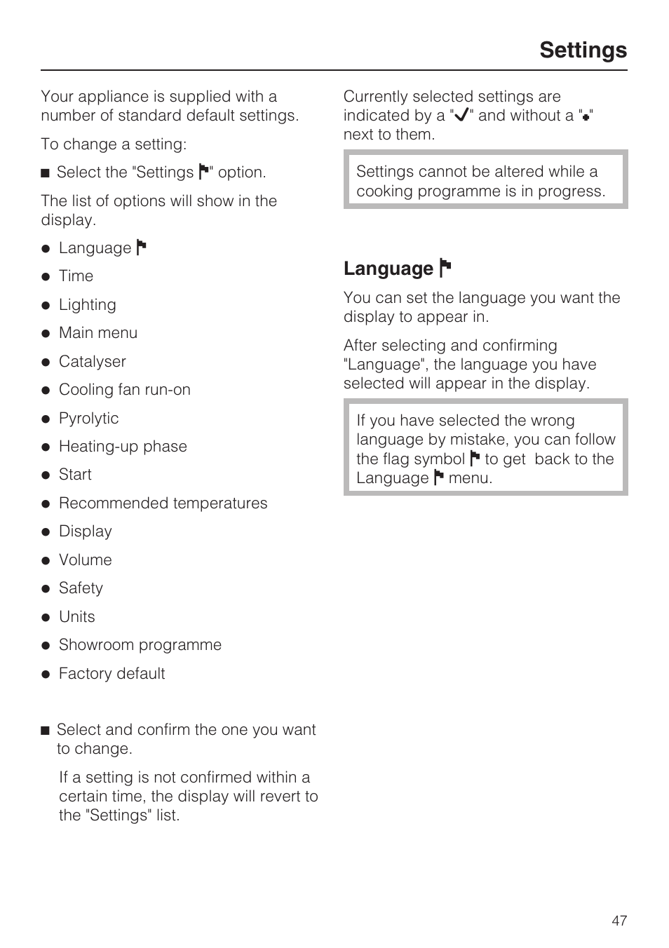 Settings 47, Language j 47, Settings | Language j | Miele H 5688 BP EN User Manual | Page 47 / 84