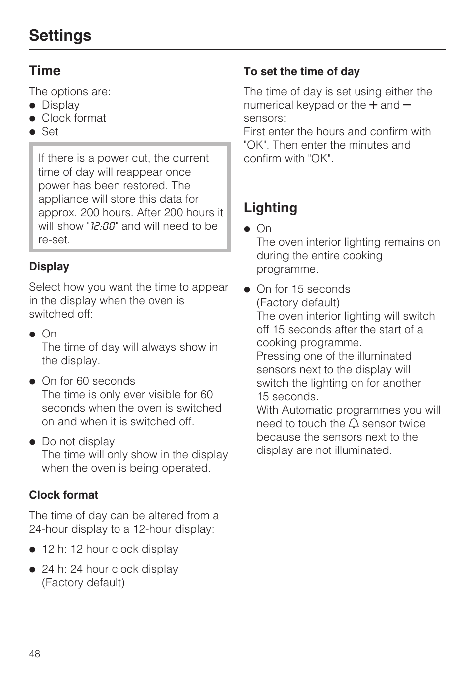 Time 48, Display 48, Clock format 48 | To set the time of day 48, Lighting 48, Settings, Time, Lighting | Miele H 5688 BP EN User Manual | Page 48 / 84