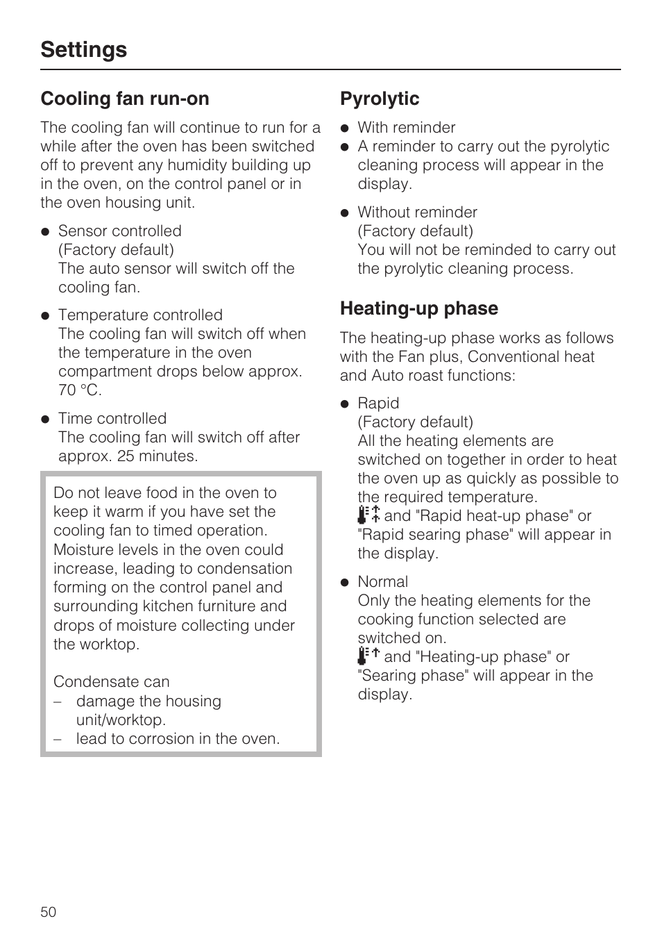 Cooling fan run-on 50, Pyrolytic 50, Heating-up phase 50 | Settings, Cooling fan run-on, Pyrolytic, Heating-up phase | Miele H 5688 BP EN User Manual | Page 50 / 84