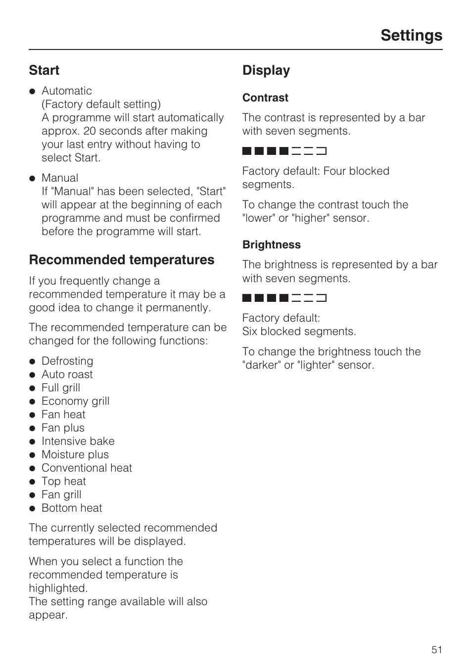 Start 51, Recommended temperatures 51, Display 51 | Contrast 51, Brightness 51, Settings, Start, Recommended temperatures, Display | Miele H 5688 BP EN User Manual | Page 51 / 84