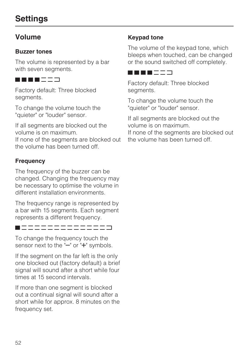 Volume 52, Buzzer tones 52, Frequency 52 | Keypad tone 52, Settings, Volume | Miele H 5688 BP EN User Manual | Page 52 / 84