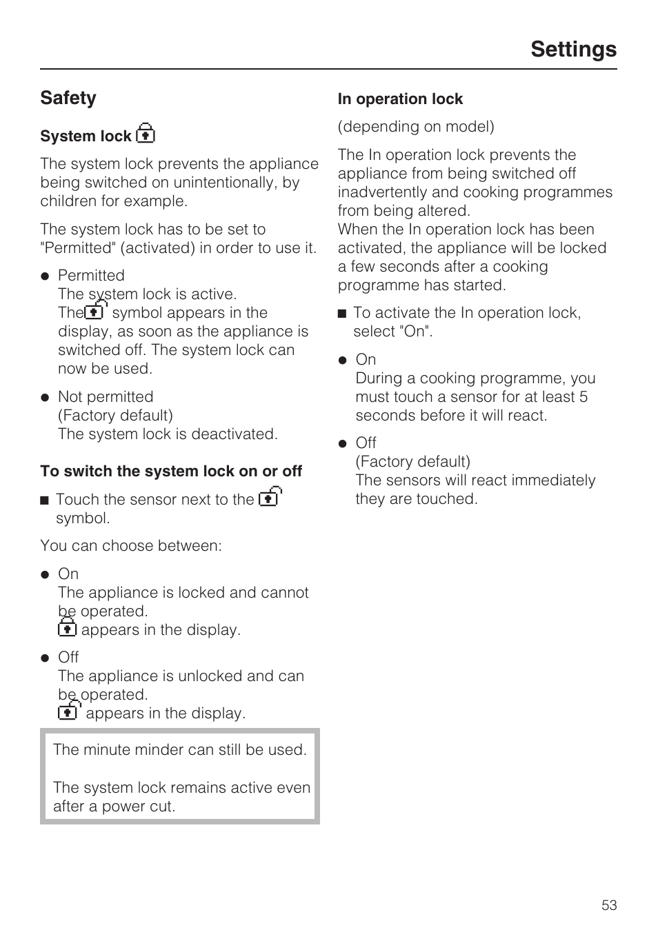 Safety 53, System lock 0 53, In operation lock 53 | Settings, Safety | Miele H 5688 BP EN User Manual | Page 53 / 84