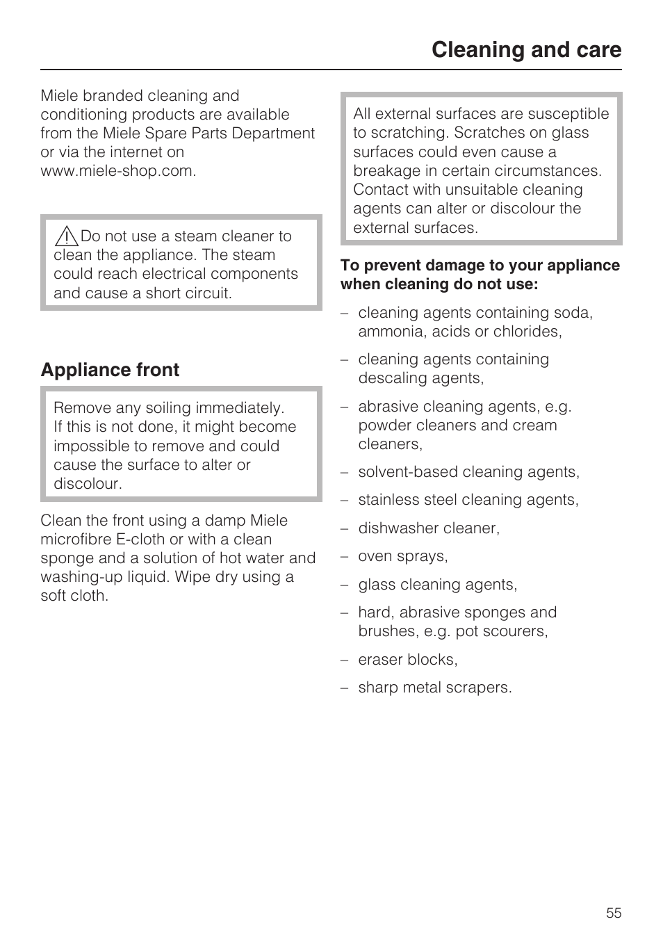 Cleaning and care 55, Appliance front 55, Cleaning and care | Appliance front | Miele H 5688 BP EN User Manual | Page 55 / 84