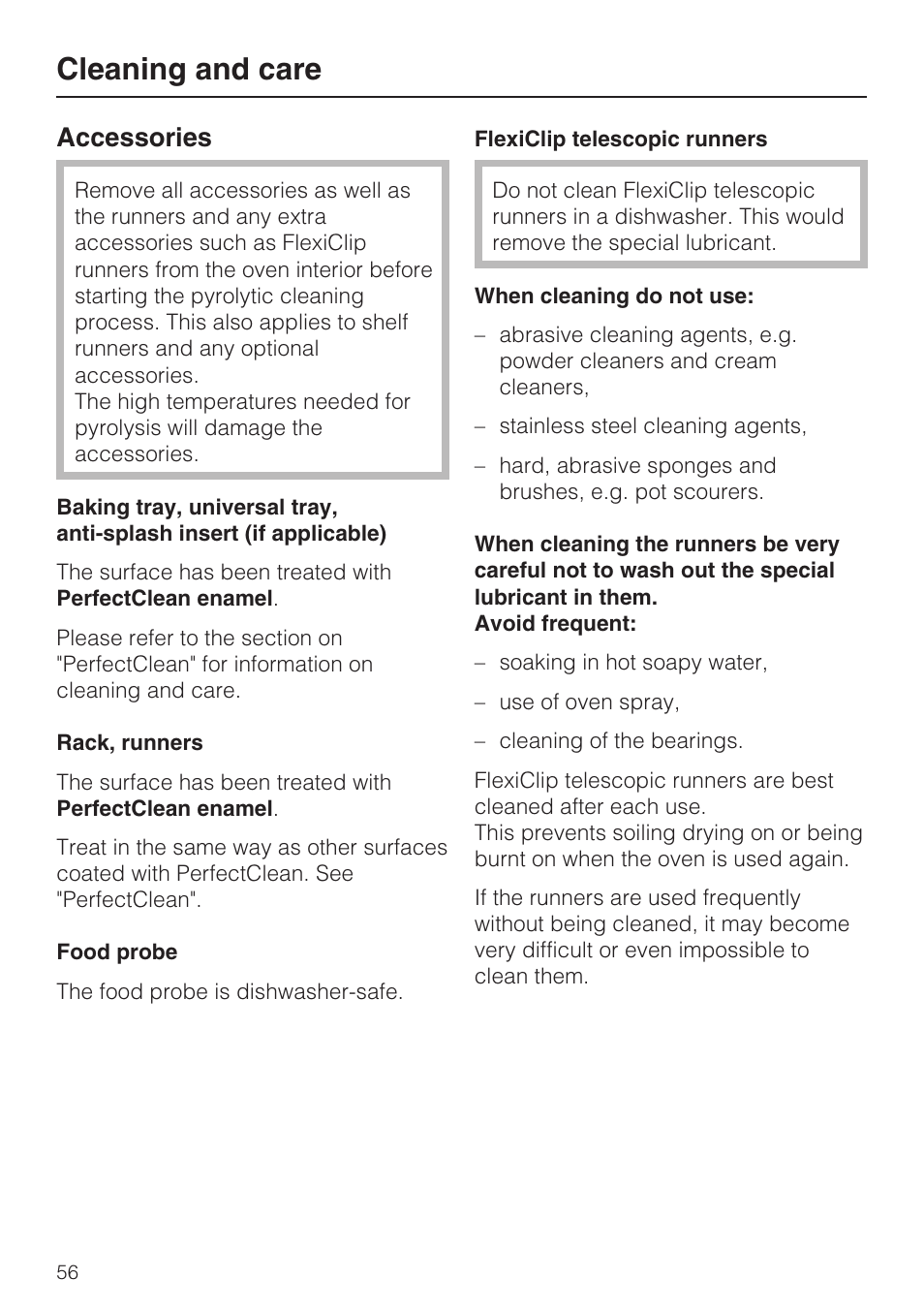 Accessories 56, Rack, runners 56, Food probe 56 | Flexiclip telescopic runners 56, Cleaning and care, Accessories | Miele H 5688 BP EN User Manual | Page 56 / 84