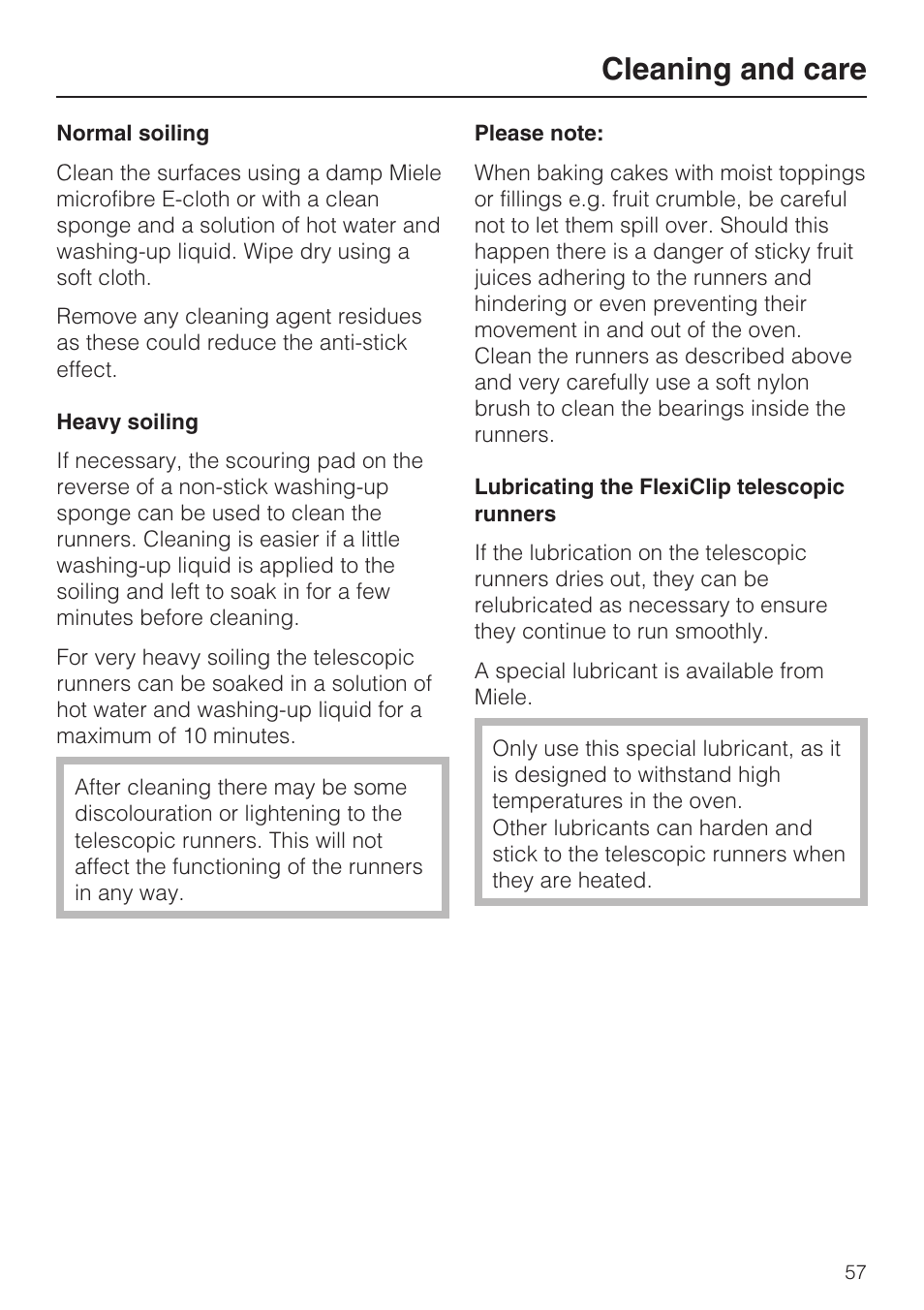 Lubricating the flexiclip telescopic runners 57, Cleaning and care | Miele H 5688 BP EN User Manual | Page 57 / 84