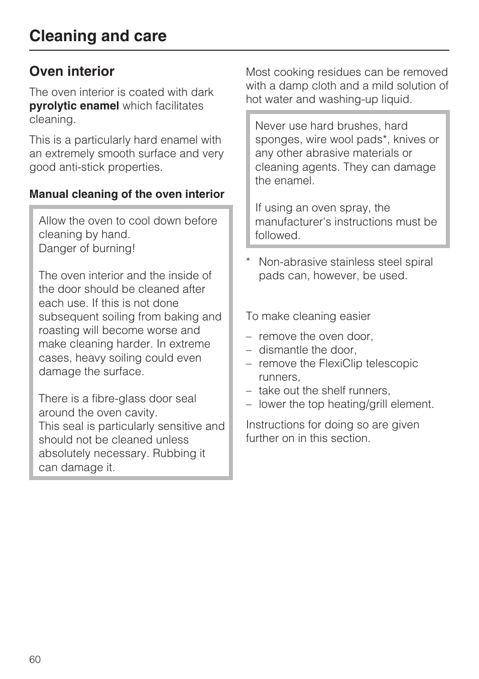 Oven interior 60, Cleaning and care, Oven interior | Miele H 5688 BP EN User Manual | Page 60 / 84