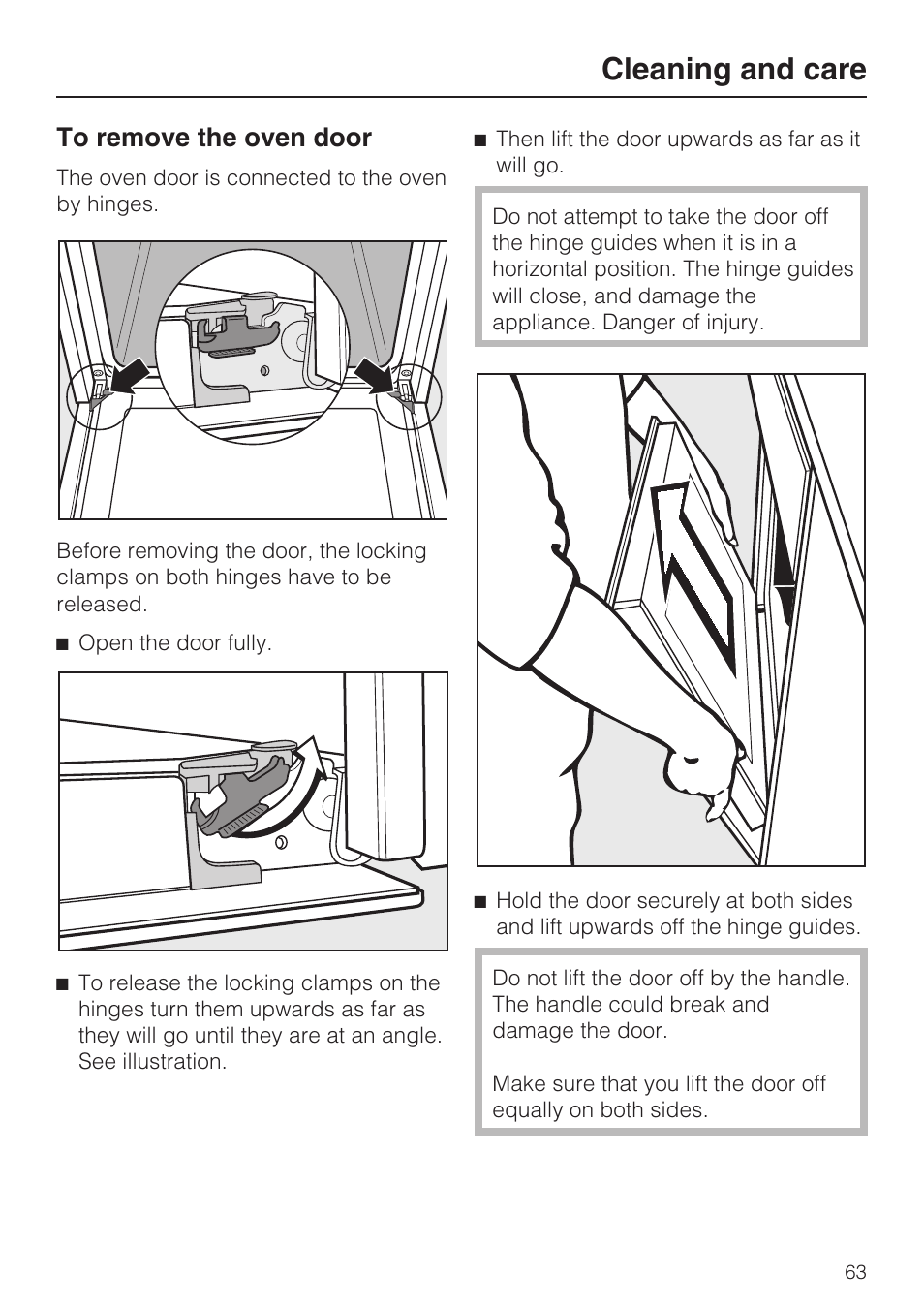 To remove the oven door 63, Cleaning and care | Miele H 5688 BP EN User Manual | Page 63 / 84