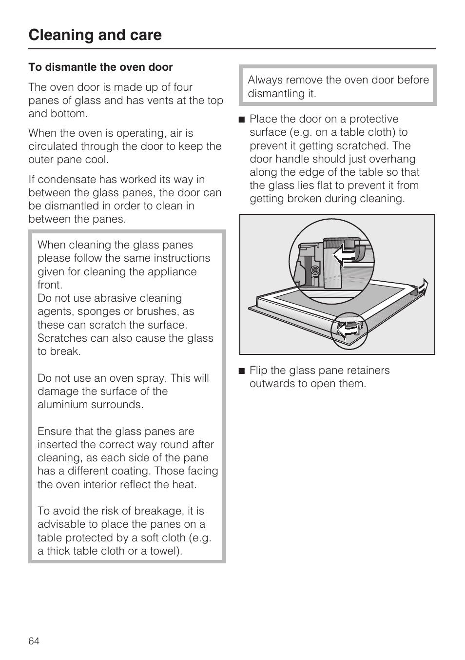 To dismantle the oven door 64, Cleaning and care | Miele H 5688 BP EN User Manual | Page 64 / 84