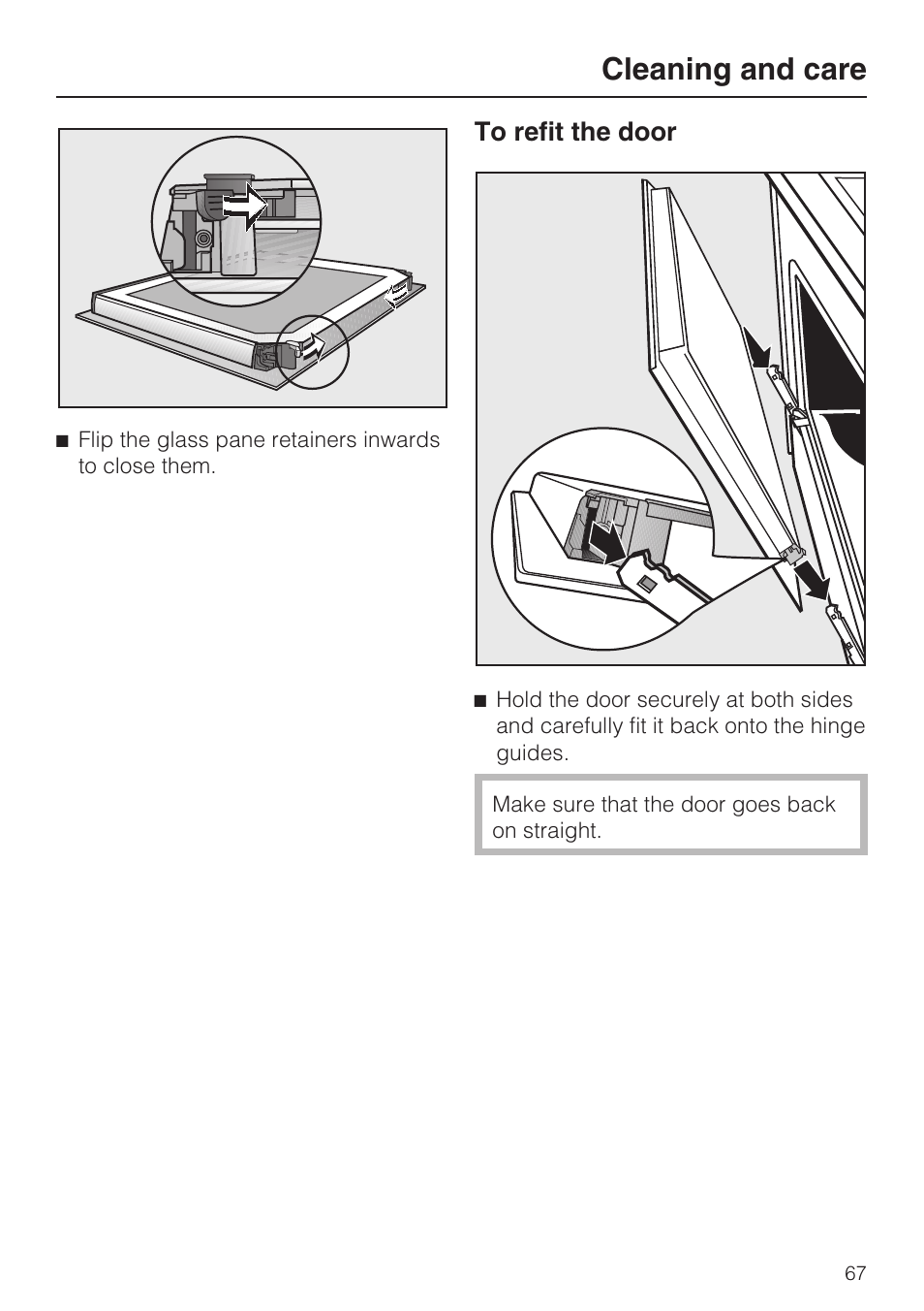 To refit the door 67, Cleaning and care | Miele H 5688 BP EN User Manual | Page 67 / 84