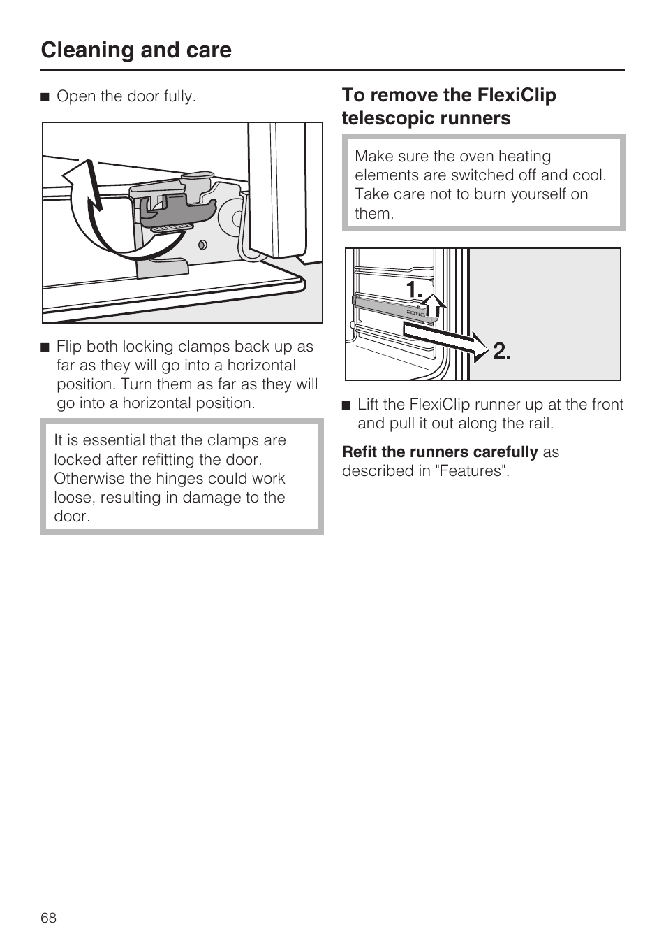 To remove the flexiclip telescopic runners 68, Cleaning and care | Miele H 5688 BP EN User Manual | Page 68 / 84