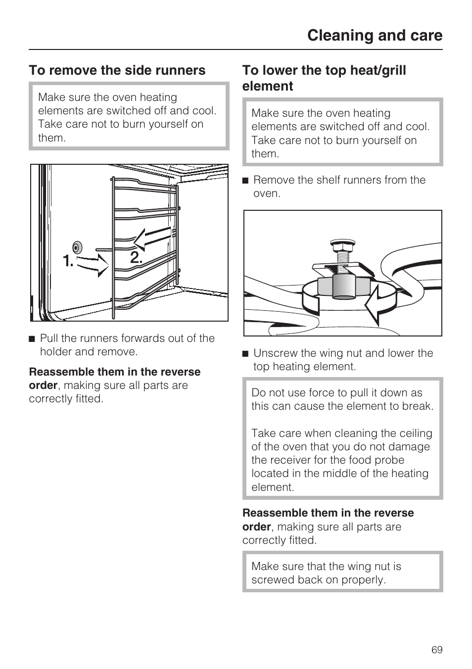 To remove the side runners 69, To lower the top heat/grill element 69, Cleaning and care | Miele H 5688 BP EN User Manual | Page 69 / 84