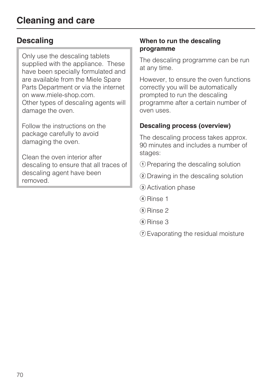 Descaling 70, When to run the descaling programme 70, Descaling process (overview) 70 | Cleaning and care, Descaling | Miele H 5688 BP EN User Manual | Page 70 / 84