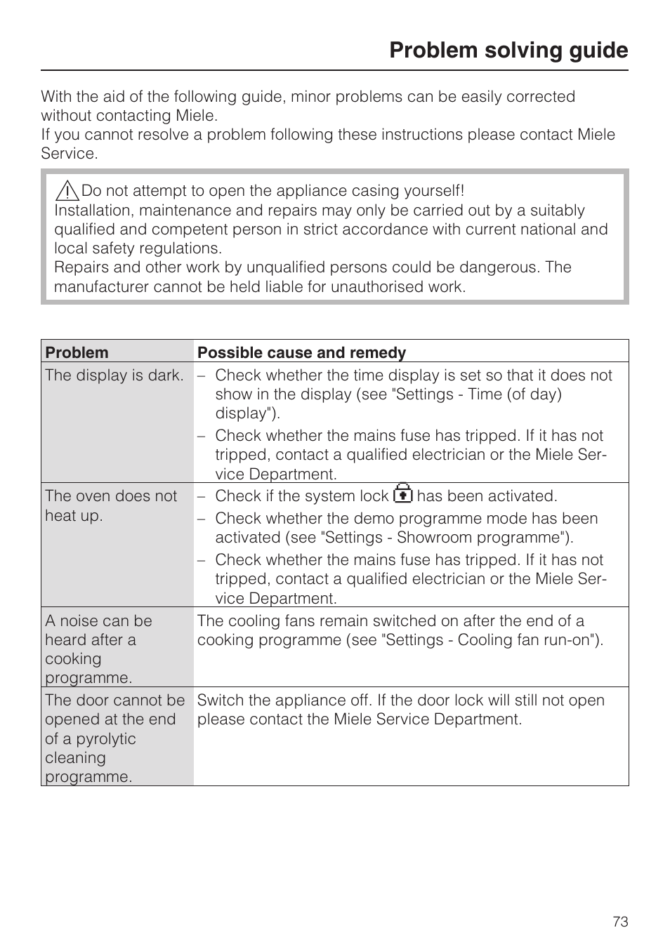 Problem solving guide 73, Problem solving guide | Miele H 5688 BP EN User Manual | Page 73 / 84