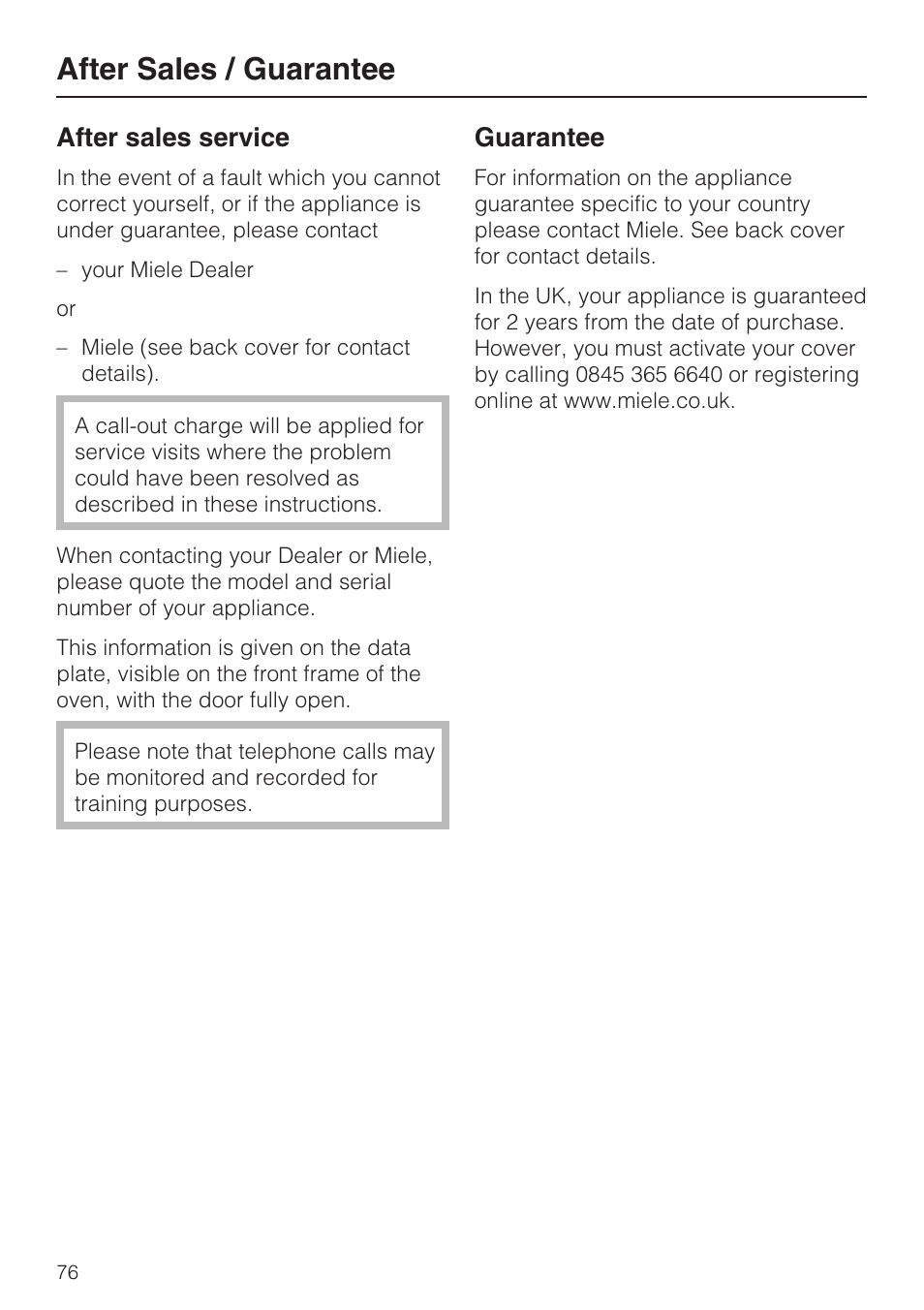 After sales / guarantee 76, After sales / guarantee, After sales service | Guarantee | Miele H 5688 BP EN User Manual | Page 76 / 84