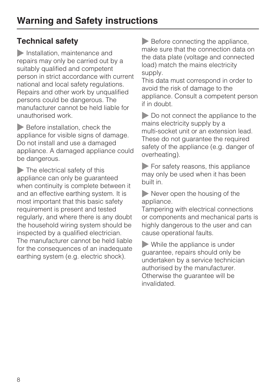 Warning and safety instructions | Miele H 5688 BP EN User Manual | Page 8 / 84