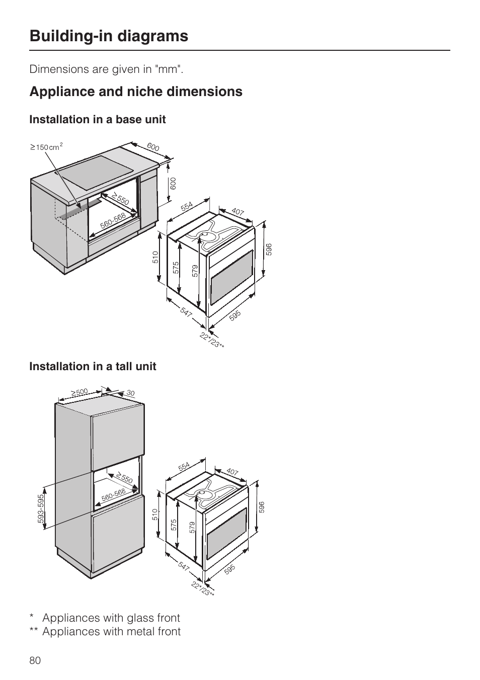 Building-in diagrams 80, Appliance and niche dimensions 80, Building-in diagrams | Miele H 5688 BP EN User Manual | Page 80 / 84