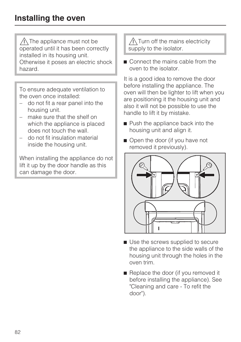 Installing the oven 82, Installing the oven | Miele H 5688 BP EN User Manual | Page 82 / 84