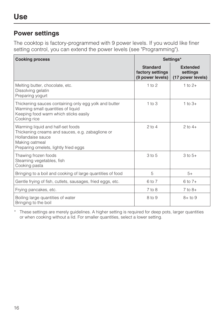Power settings 16, Power settings | Miele KM 5860 User Manual | Page 16 / 56