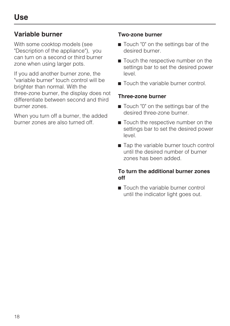 Variable burner 18, Variable burner | Miele KM 5860 User Manual | Page 18 / 56