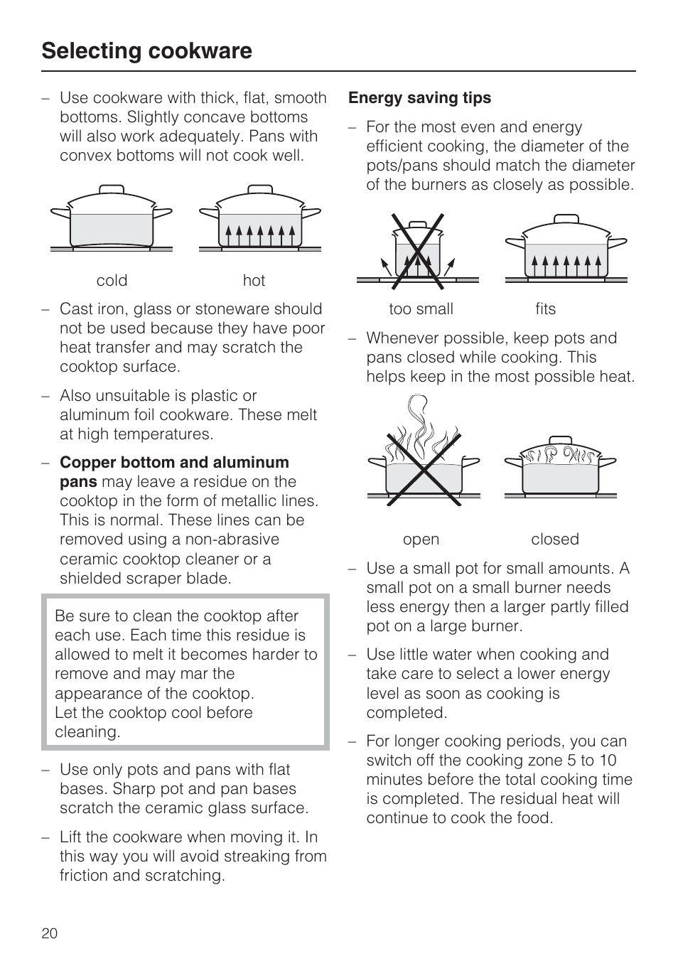 Selecting cookware 20, Selecting cookware | Miele KM 5860 User Manual | Page 20 / 56
