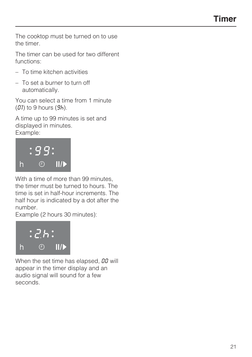 Timer 21, Timer | Miele KM 5860 User Manual | Page 21 / 56
