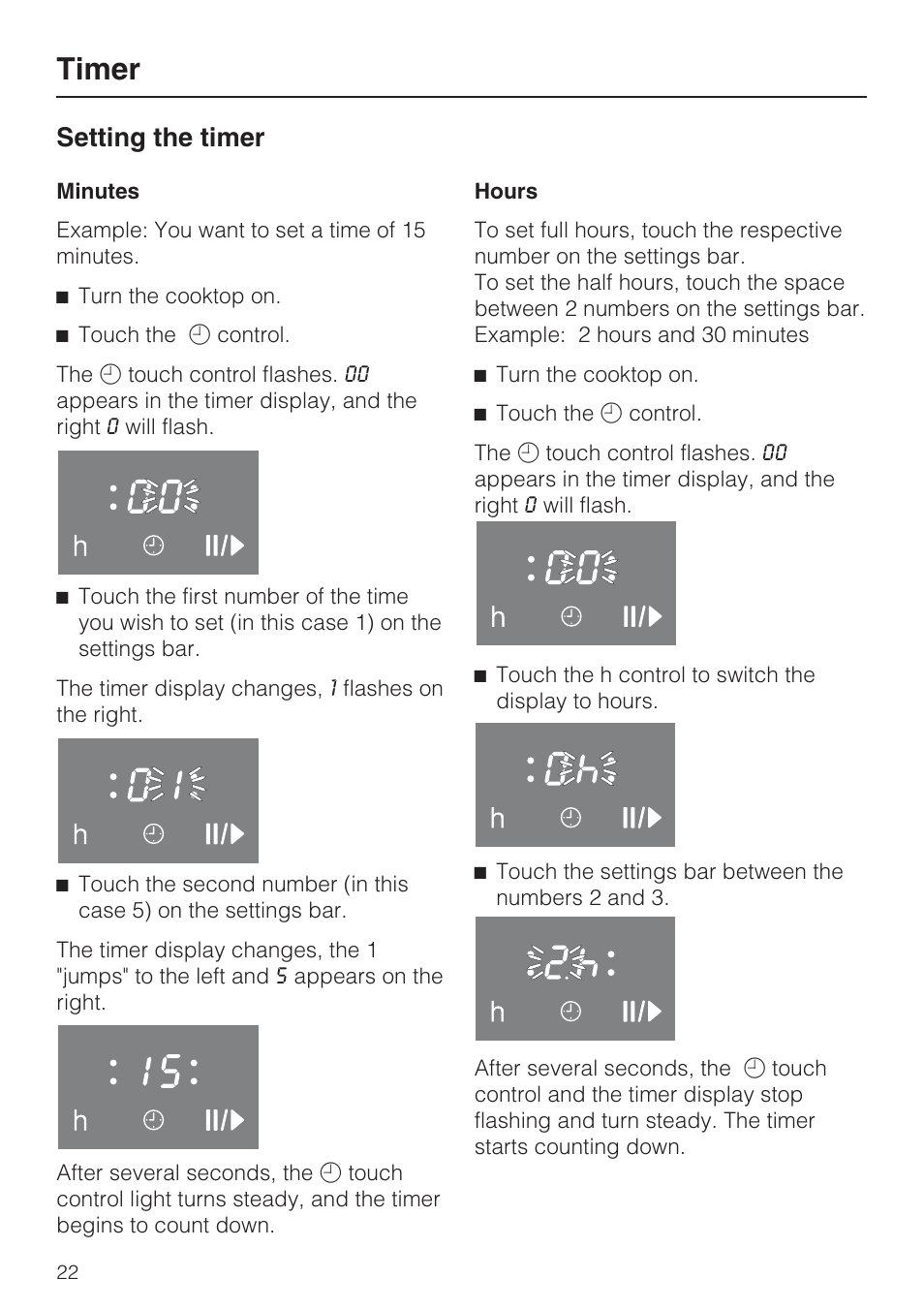 Setting the timer 22, Timer, Setting the timer | Miele KM 5860 User Manual | Page 22 / 56