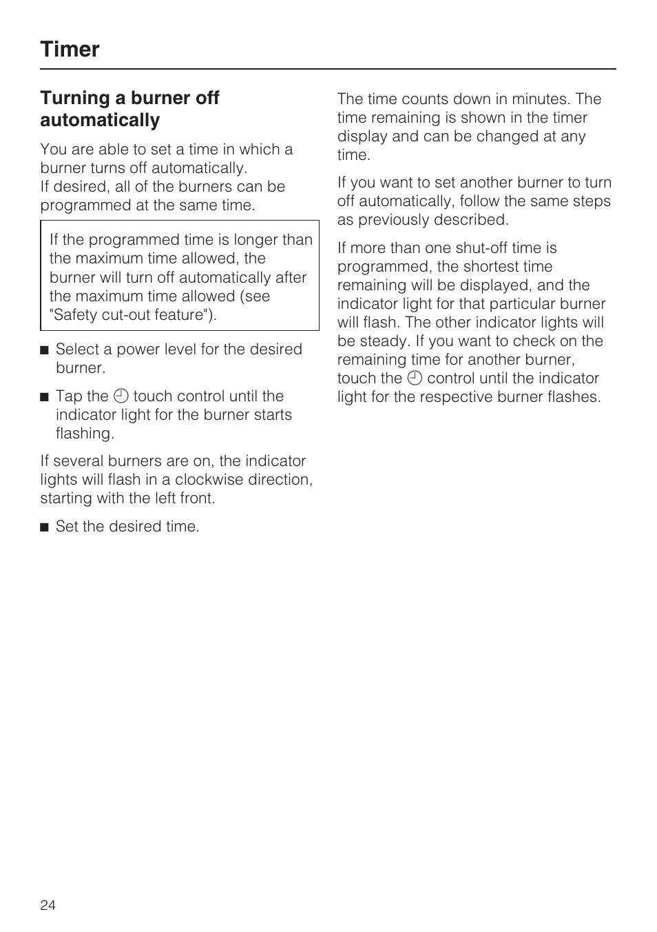 Turning a burner off automatically 24, Timer, Turning a burner off automatically | Miele KM 5860 User Manual | Page 24 / 56