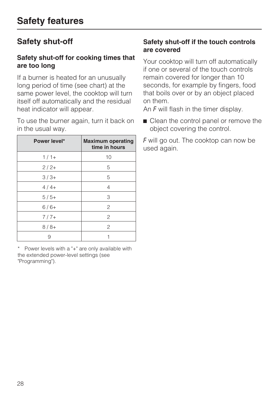 Safety shut-off 28, Safety features, Safety shut-off | Miele KM 5860 User Manual | Page 28 / 56