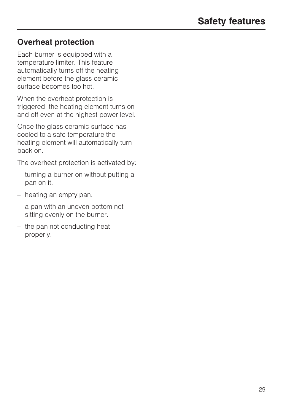 Overheat protection 29, Safety features, Overheat protection | Miele KM 5860 User Manual | Page 29 / 56