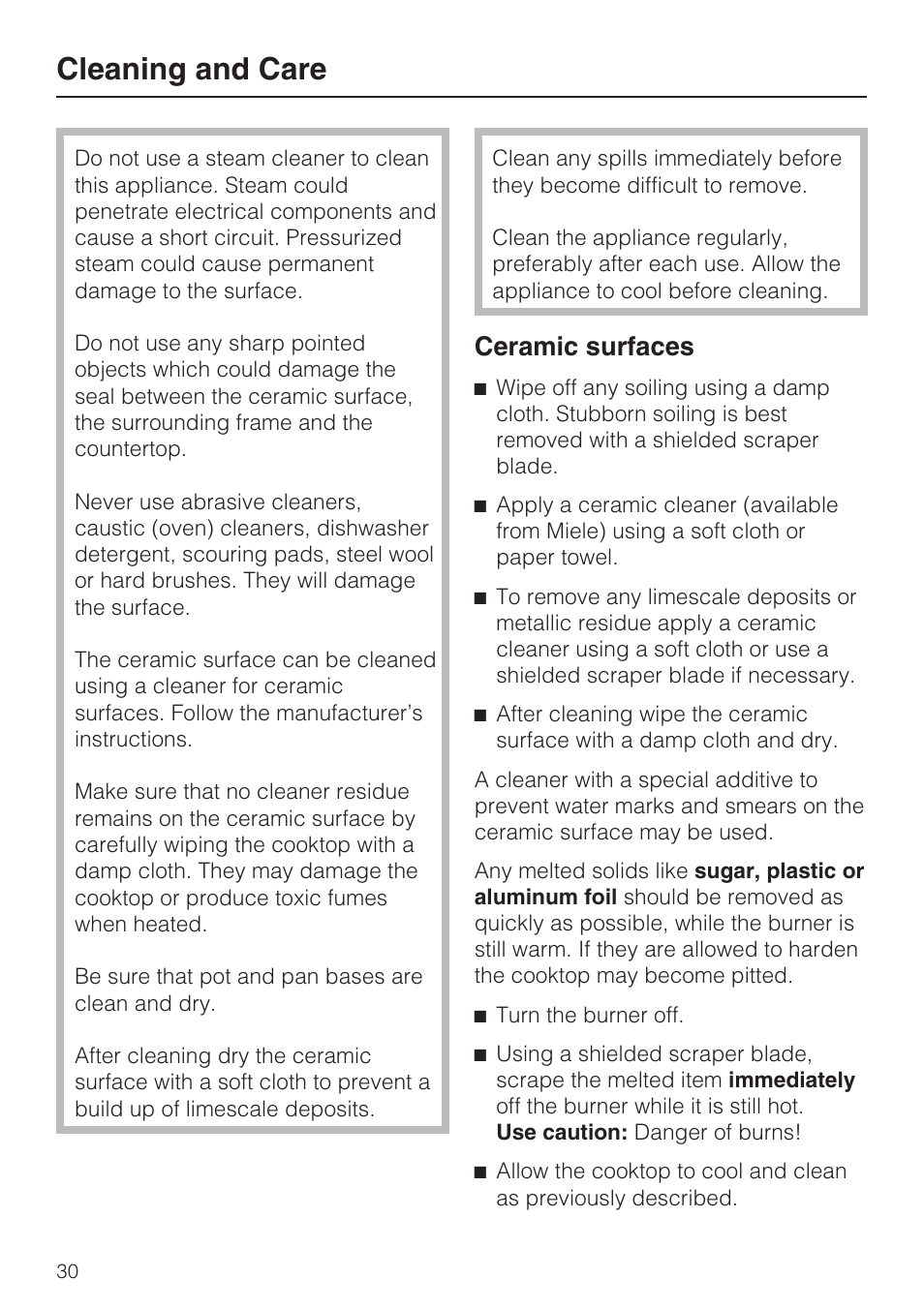 Cleaning and care 30, Cleaning and care, Ceramic surfaces | Miele KM 5860 User Manual | Page 30 / 56