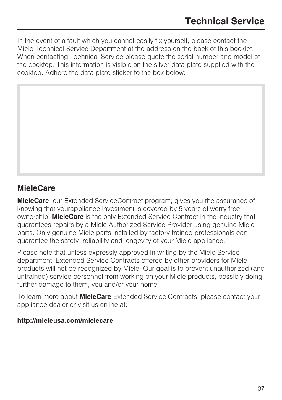 Technical service 37, Technical service, Mielecare | Miele KM 5860 User Manual | Page 37 / 56