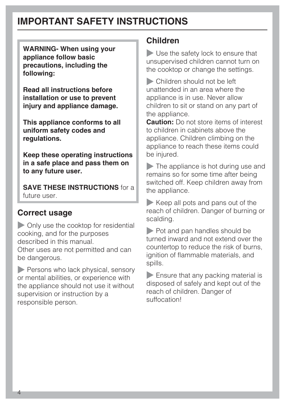 Important safety instructions 4, Important safety instructions | Miele KM 5860 User Manual | Page 4 / 56