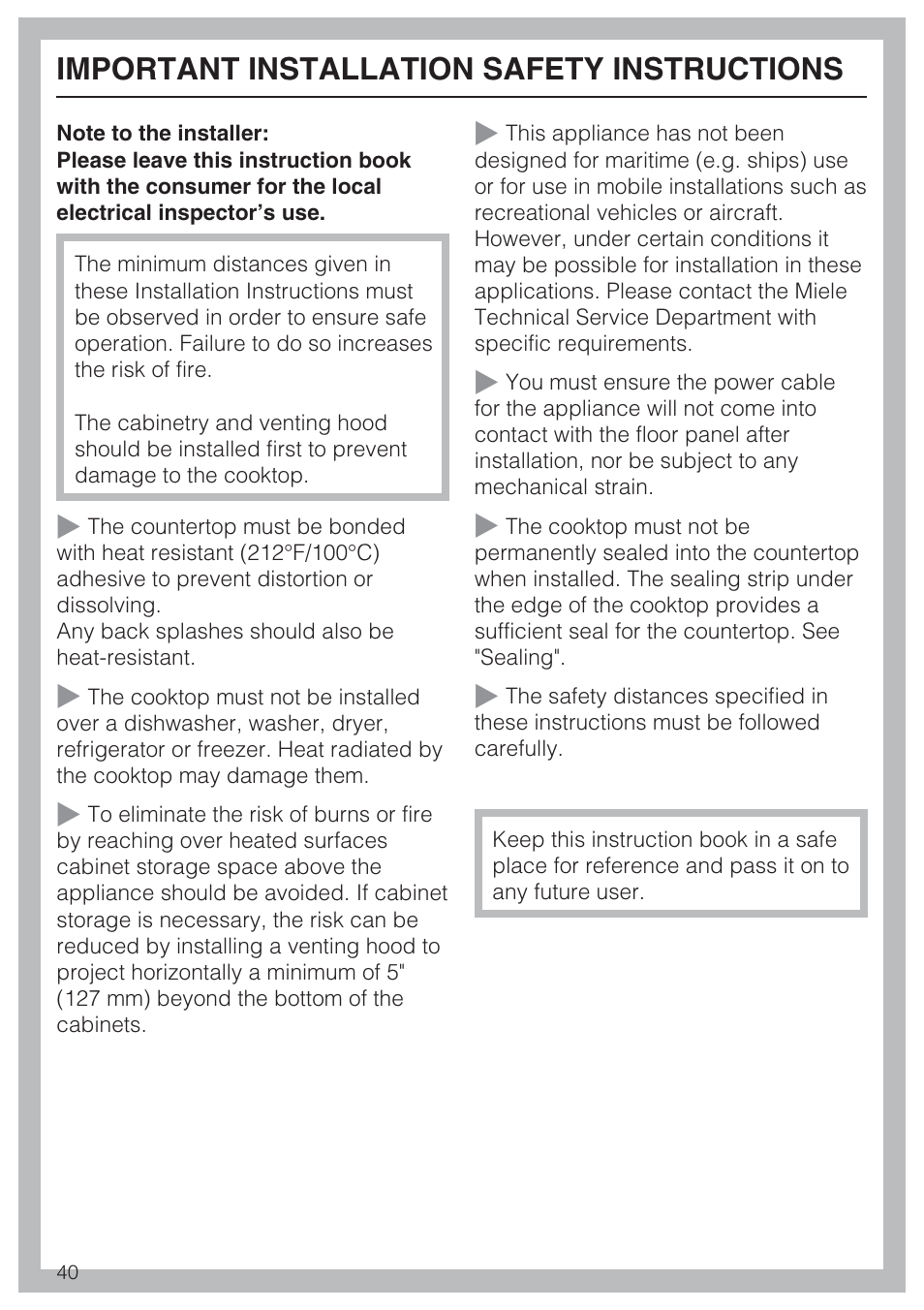 Important installation safety instructions 40, Important installation safety instructions | Miele KM 5860 User Manual | Page 40 / 56
