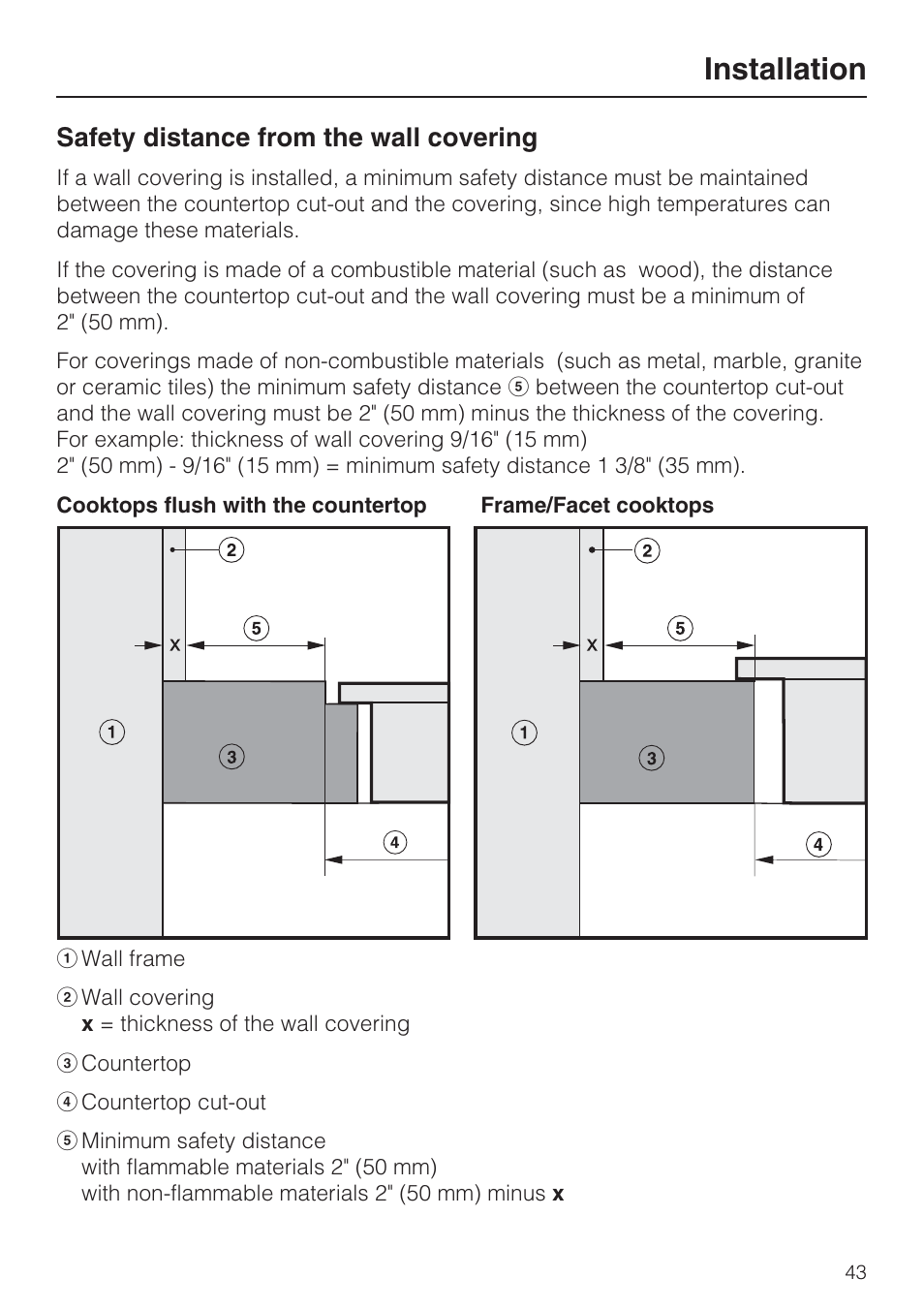 Installation 43, Installation, Safety distance from the wall covering | Miele KM 5860 User Manual | Page 43 / 56