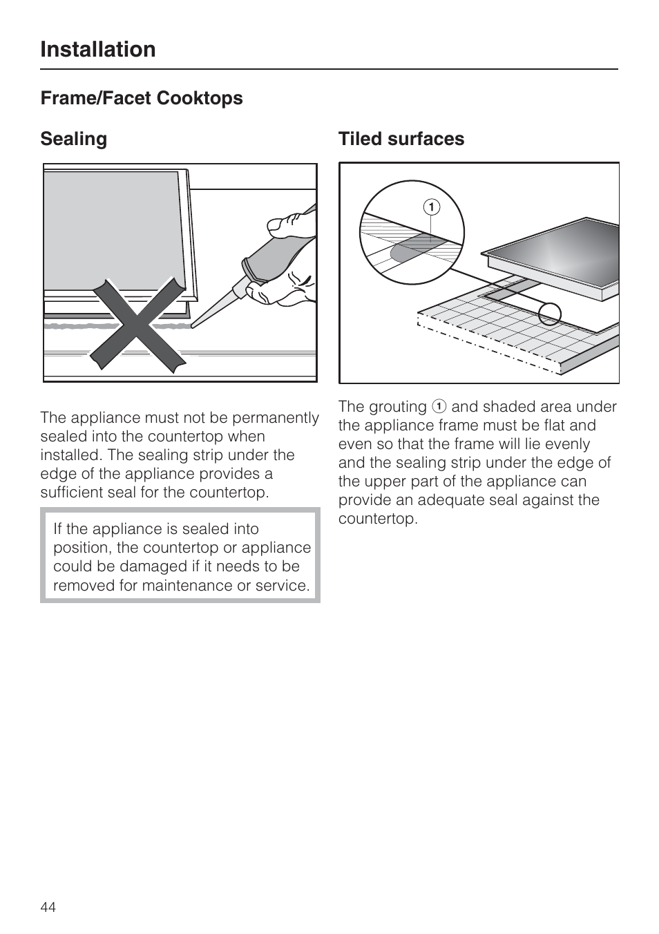 Sealing 44, Tiled surfaces 44, Installation | Miele KM 5860 User Manual | Page 44 / 56