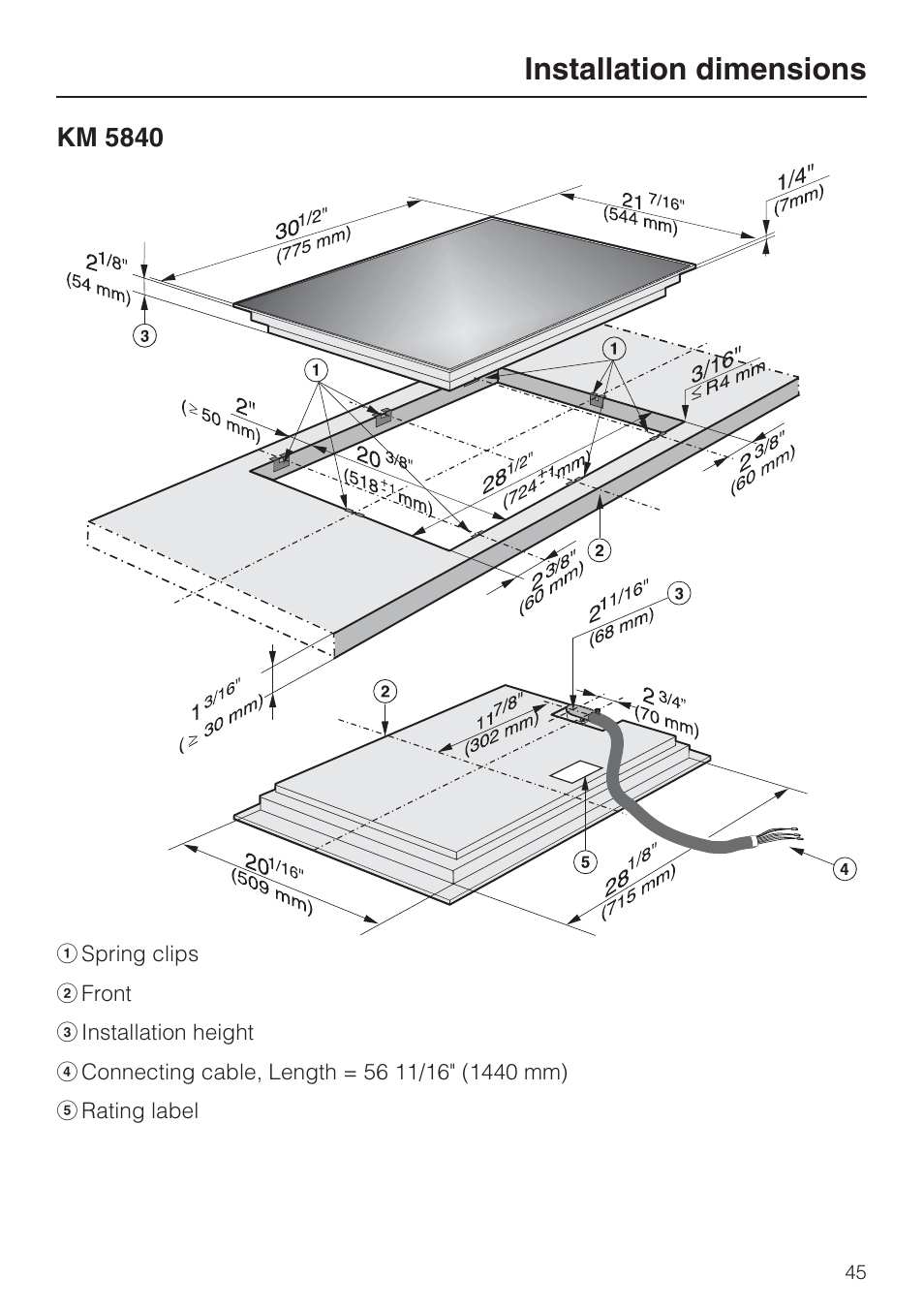 Installation dimensions 45, Installation dimensions | Miele KM 5860 User Manual | Page 45 / 56