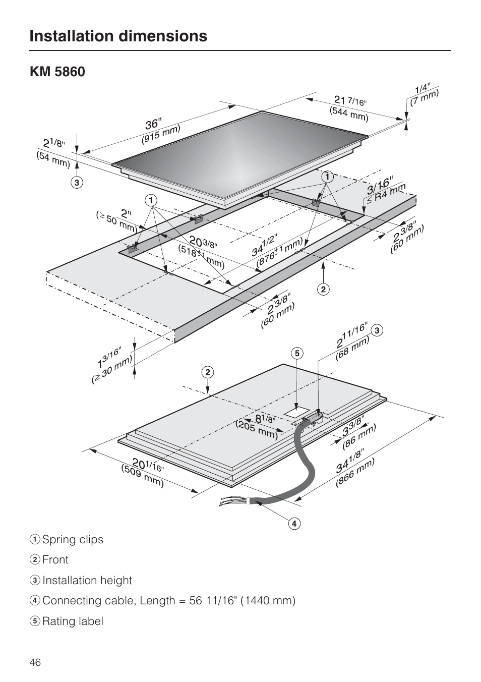Installation dimensions | Miele KM 5860 User Manual | Page 46 / 56