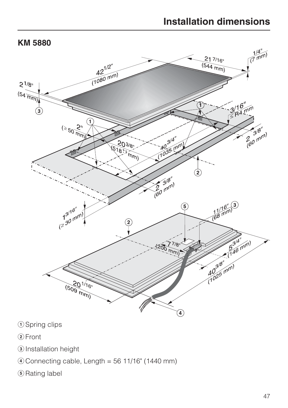 Installation dimensions | Miele KM 5860 User Manual | Page 47 / 56