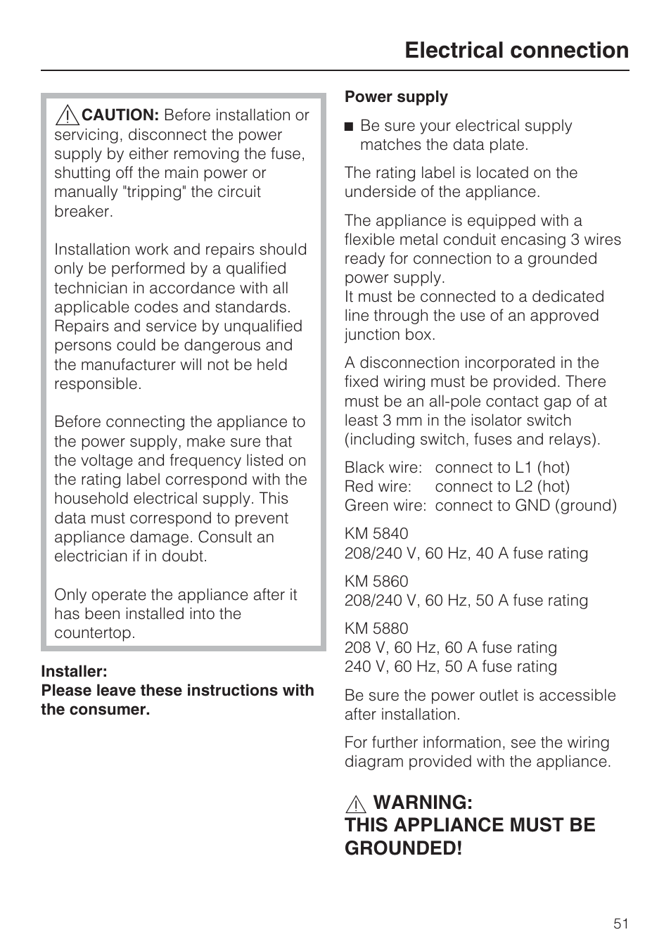 Electrical connection 51, Electrical connection, Warning: this appliance must be grounded | Miele KM 5860 User Manual | Page 51 / 56