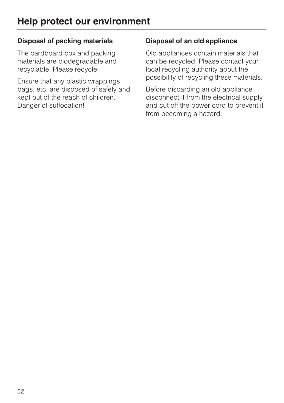 Help protect our environment 52, Help protect our environment | Miele KM 5860 User Manual | Page 52 / 56