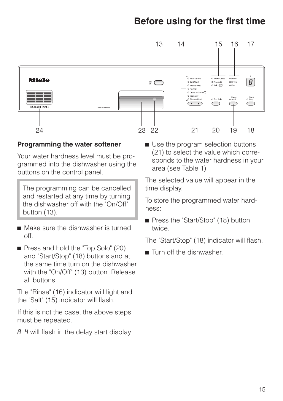 Programming the water softener 15, Programming the water softener, Before using for the first time | Miele TOUCHTRONIC G 694 SC User Manual | Page 15 / 56